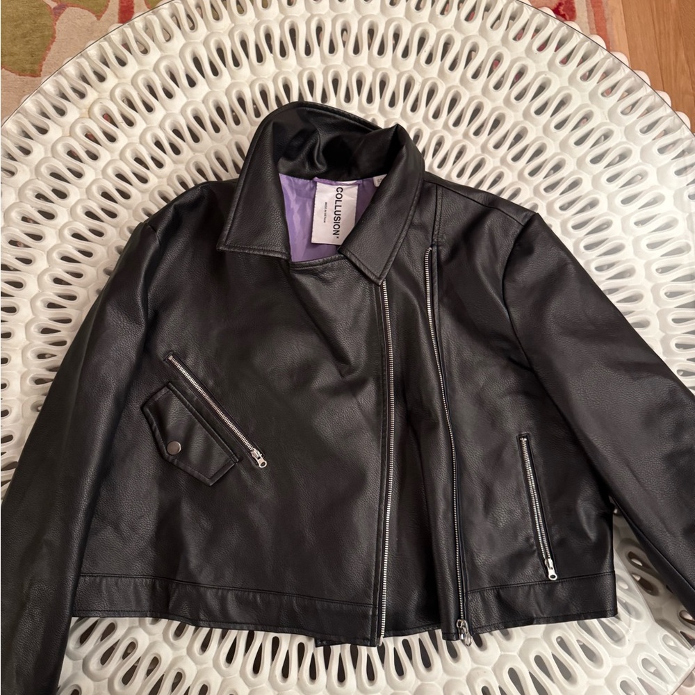 Collusion Black Faux Leather Cropped Moto Jacket